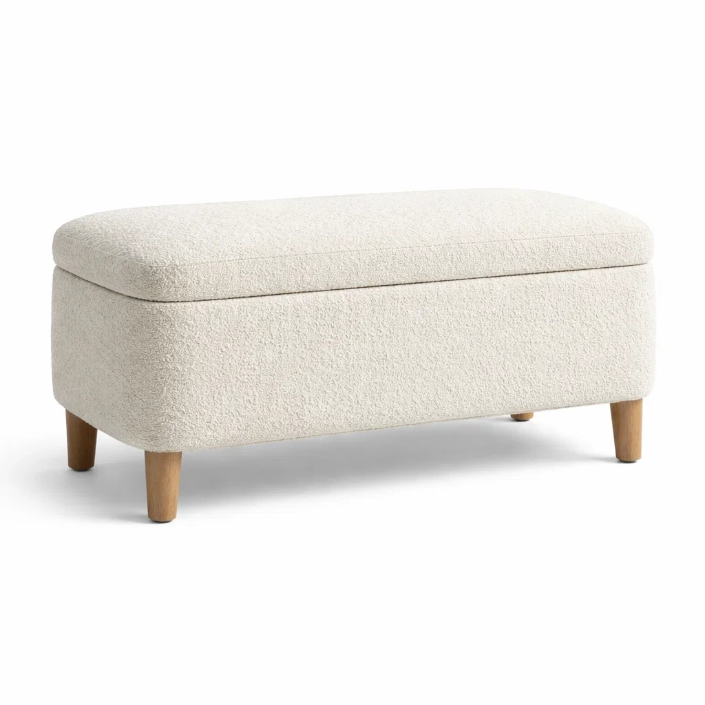 Panca contenitore in tessuto bouclé crema con gambe in legno-NOOKHAVENZ