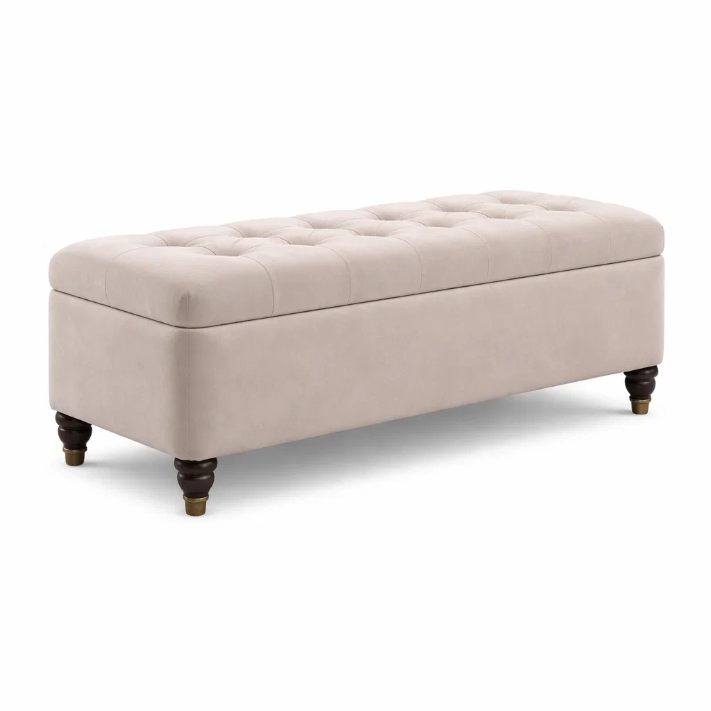 Panca contenitore rettangolare in velluto beige con gambe in legno 120x45x45 cm-NOOKHAVENZ
