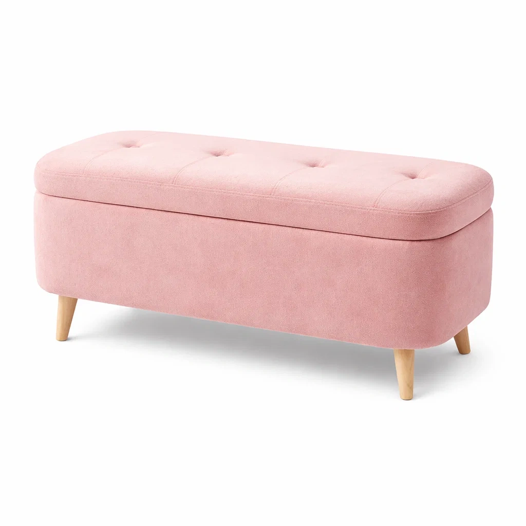 Panca contenitore in tessuto rosa con gambe in legno-NOOKHAVENZ