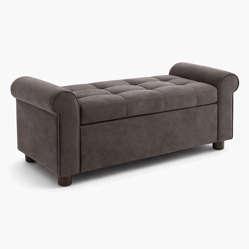 Panca contenitore in velluto marrone con gambe in legno-NOOKHAVENZ