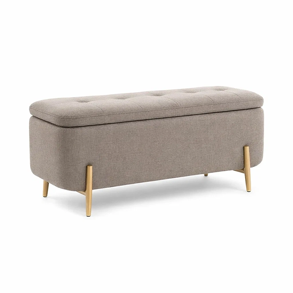 Panca contenitore in tessuto poliestere beige con gambe in metallo dorato-NOOKHAVENZ