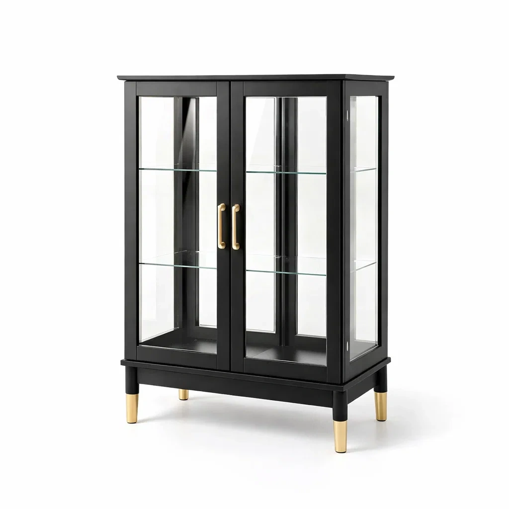 Vetrina in legno nero con vetro temperato e dettagli dorati 100x40x150 cm-NOOKHAVENZ