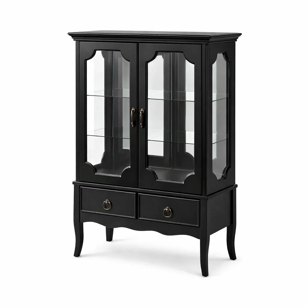 Vetrina in legno e vetro temperato nera con due cassetti 120x45x200 cm-NOOKHAVENZ