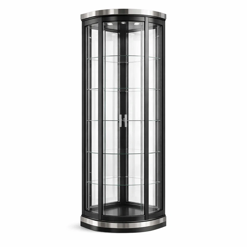 Vetrina angolare in vetro nero con struttura in alluminio e illuminazione LED-NOOKHAVENZ