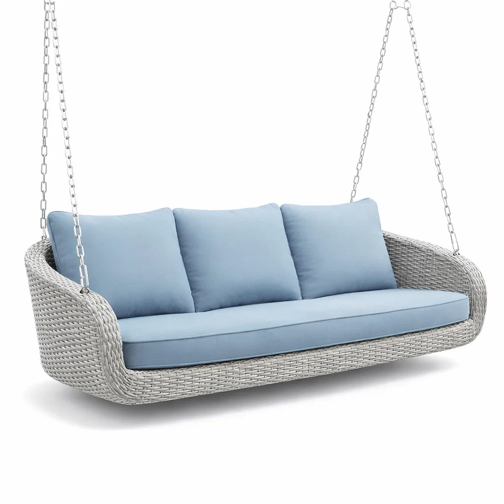 Altalena da veranda in resina intrecciata con cuscini blu-NOOKHAVENZ