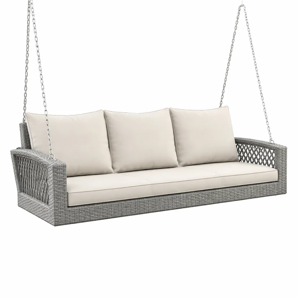 Altalena da veranda da giardino in rattan grigio con cuscini beige-NOOKHAVENZ