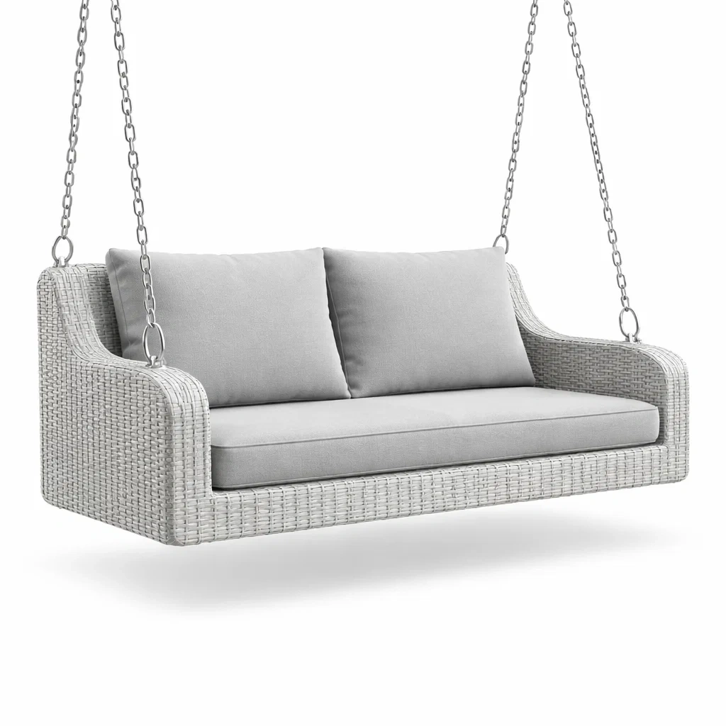 Altalena da veranda da esterno in rattan sintetico grigio chiaro con cuscini in poliestere-LUXELIVINGPLACE