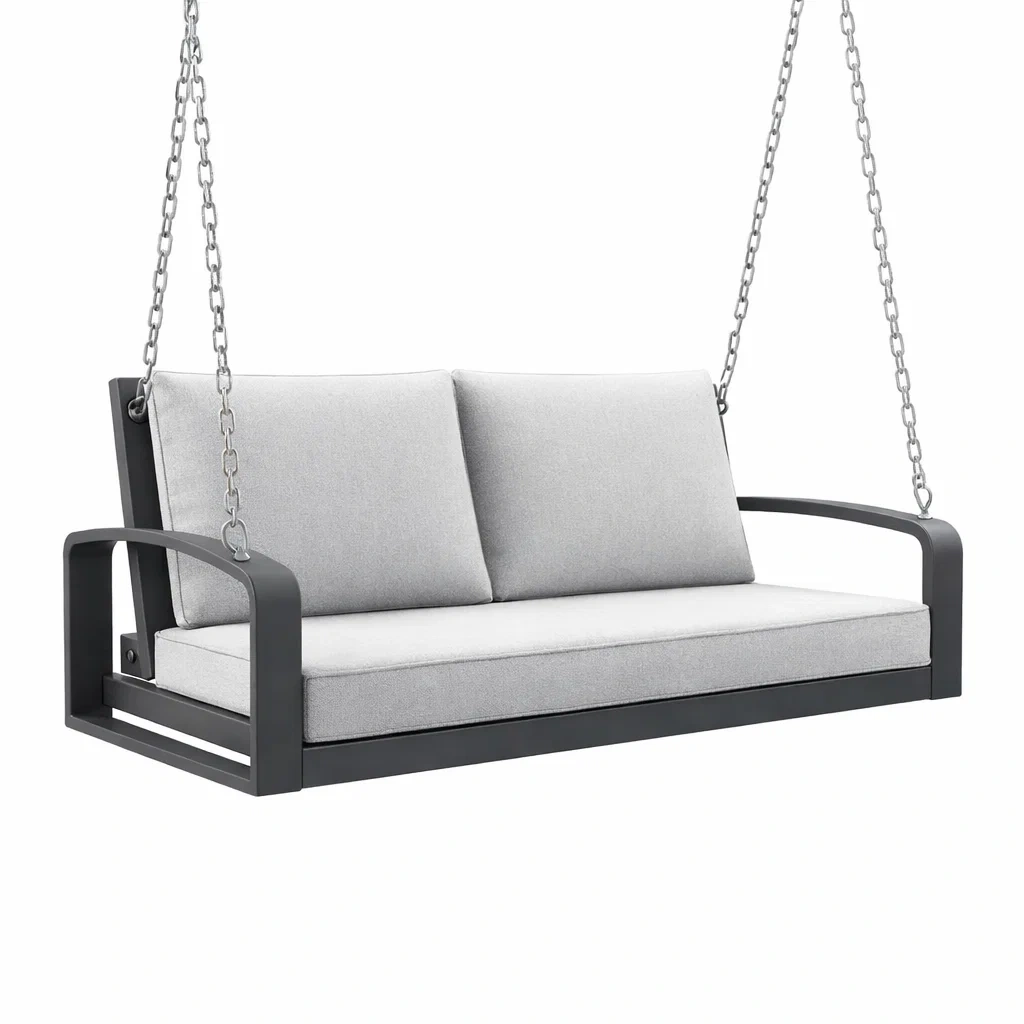 Altalena da veranda sospesa in alluminio con cuscini in tessuto grigio-NOOKHAVENZ