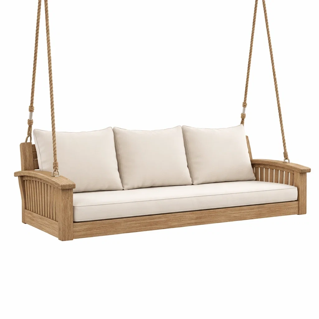 Altalena da veranda in legno di quercia con cuscini in tessuto-NOOKHAVENZ
