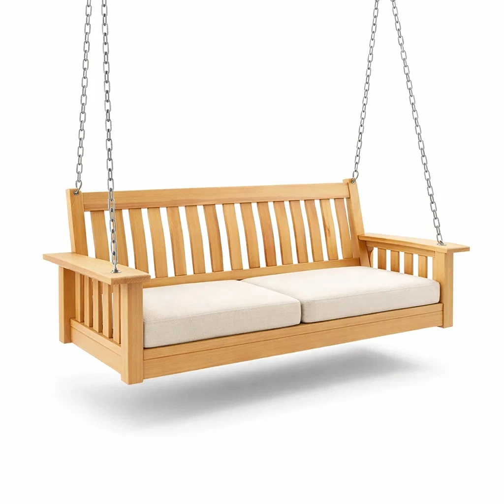 Altalena da veranda in legno di teak con cuscini crema-NOOKHAVENZ