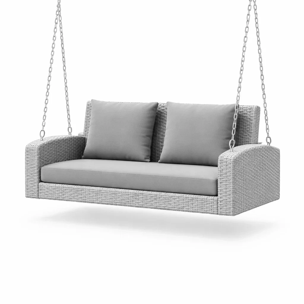 Altalena da veranda in polyrattan grigio con cuscini-NOOKHAVENZ