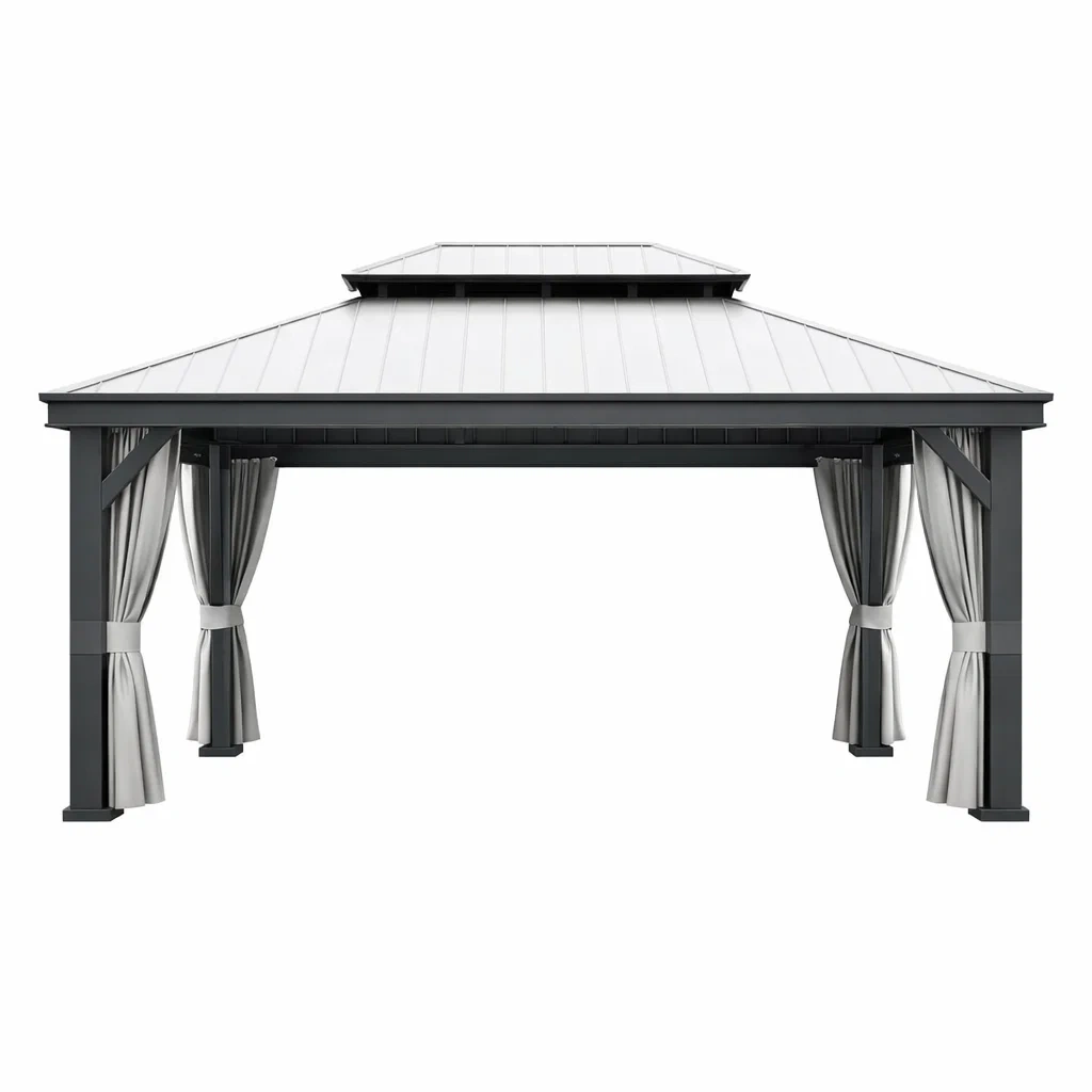 Gazebo in metallo grigio con tendaggi-NOOKHAVENZ