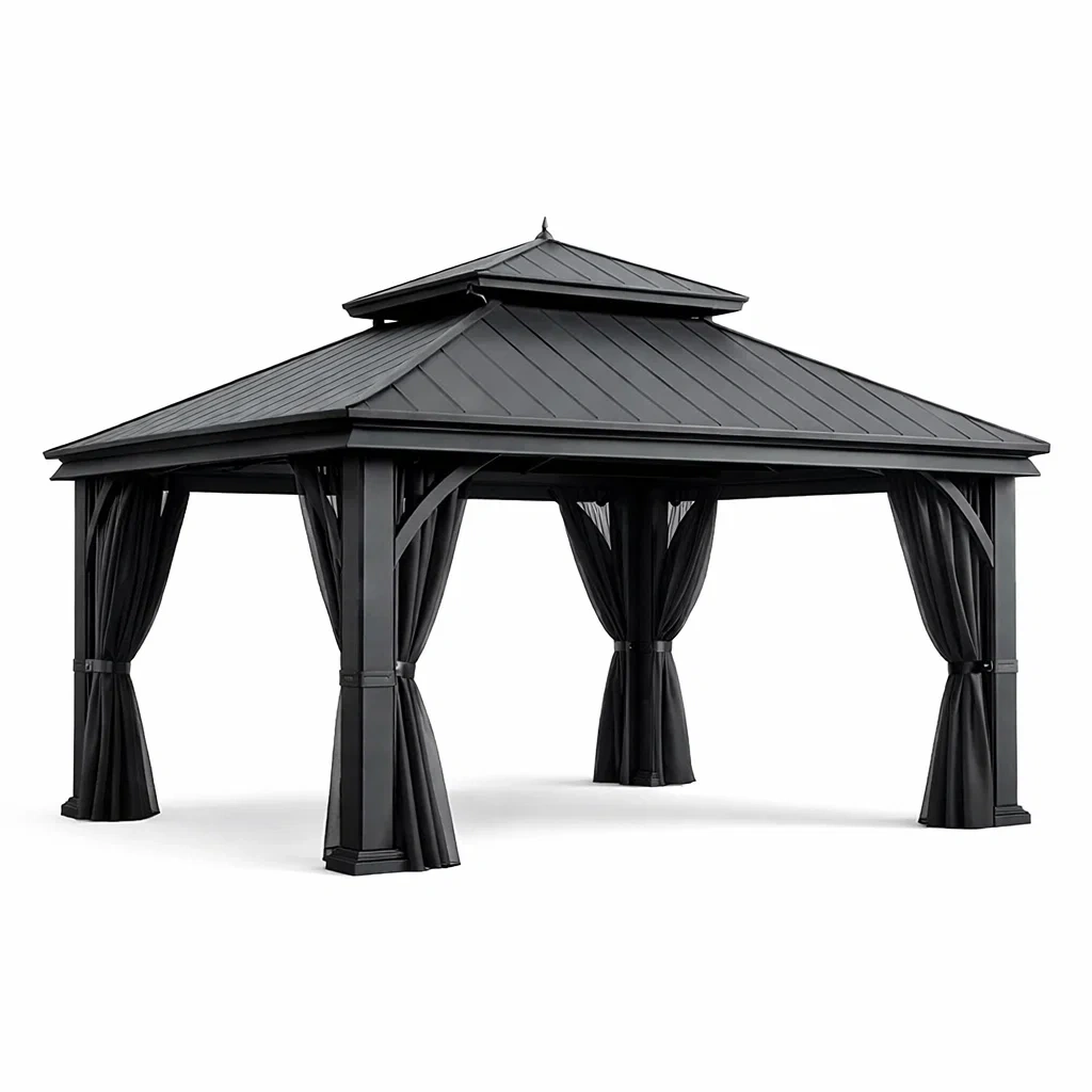 Gazebo in alluminio e acciaio con tende in poliestere nero-NOOKHAVENZ