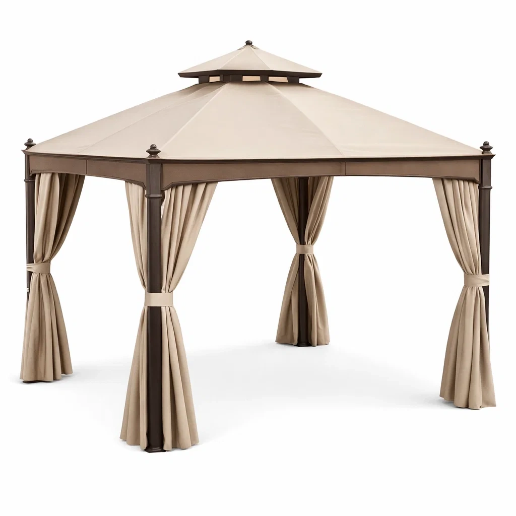Gazebo in alluminio con tende in poliestere beige-NOOKHAVENZ