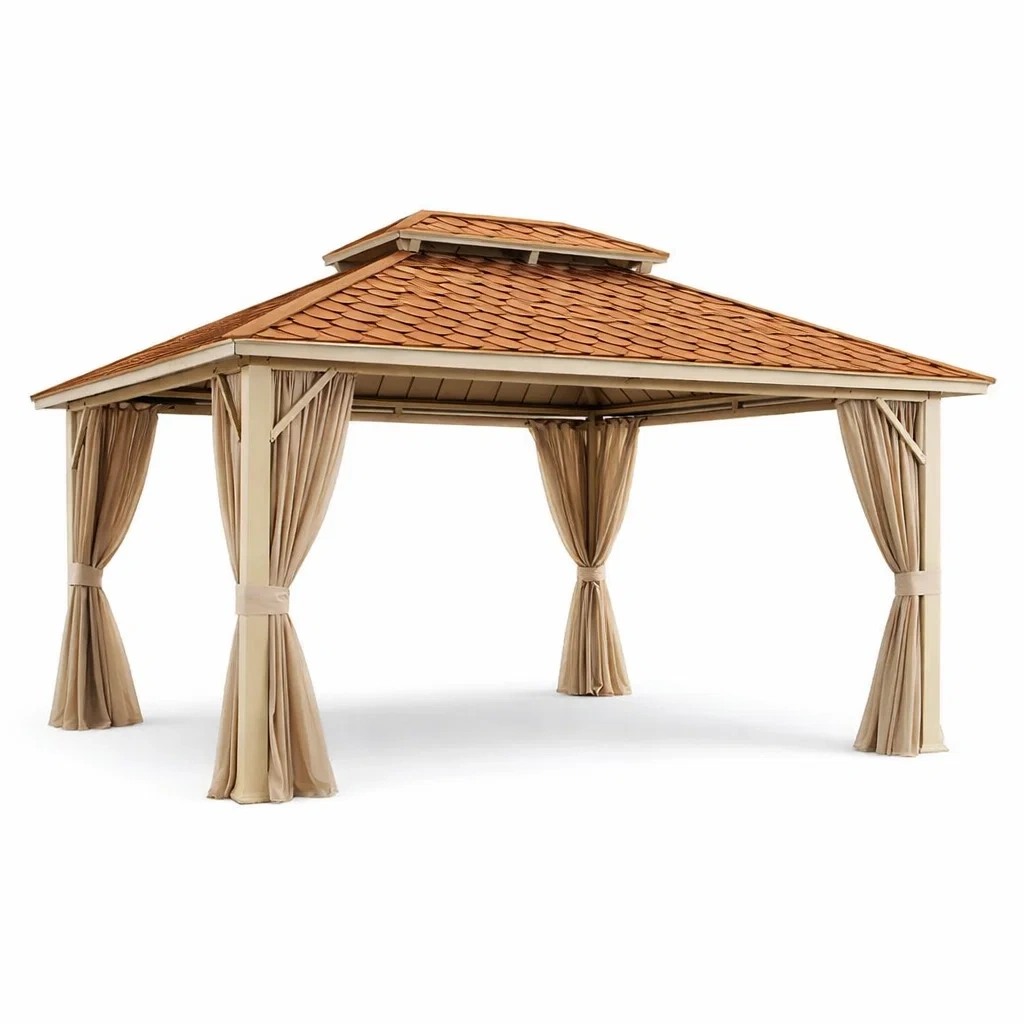 Gazebo in alluminio con tetto in legno e tende beige-NOOKHAVENZ