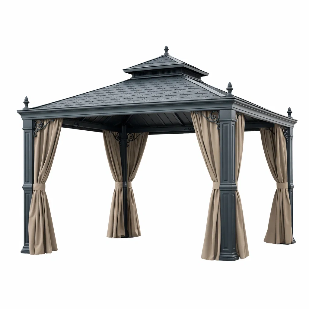Gazebo in alluminio con tetto in acciaio e tende in poliestere-NOOKHAVENZ