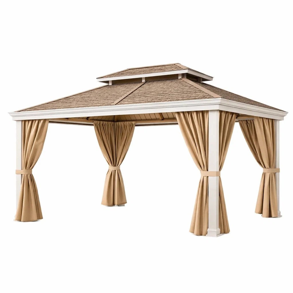 Gazebo rettangolare in legno di abete con tende in poliestere beige-NOOKHAVENZ