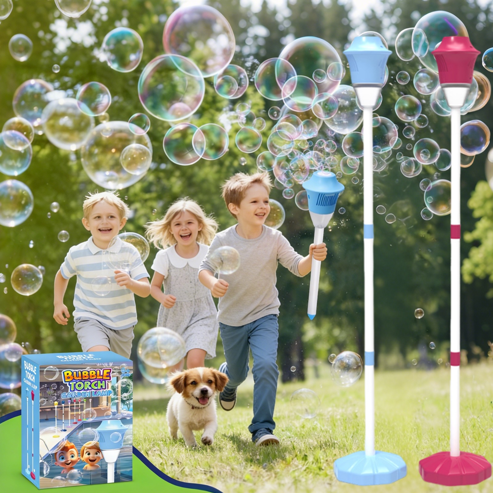Automatic Handheld Bubble Machine, Outdoor Standing Light up Bubble Blower, Electric Stand up Bubbles Maker with Lights Music, Rechargeable for Party Wedding Play, Adjustable Height