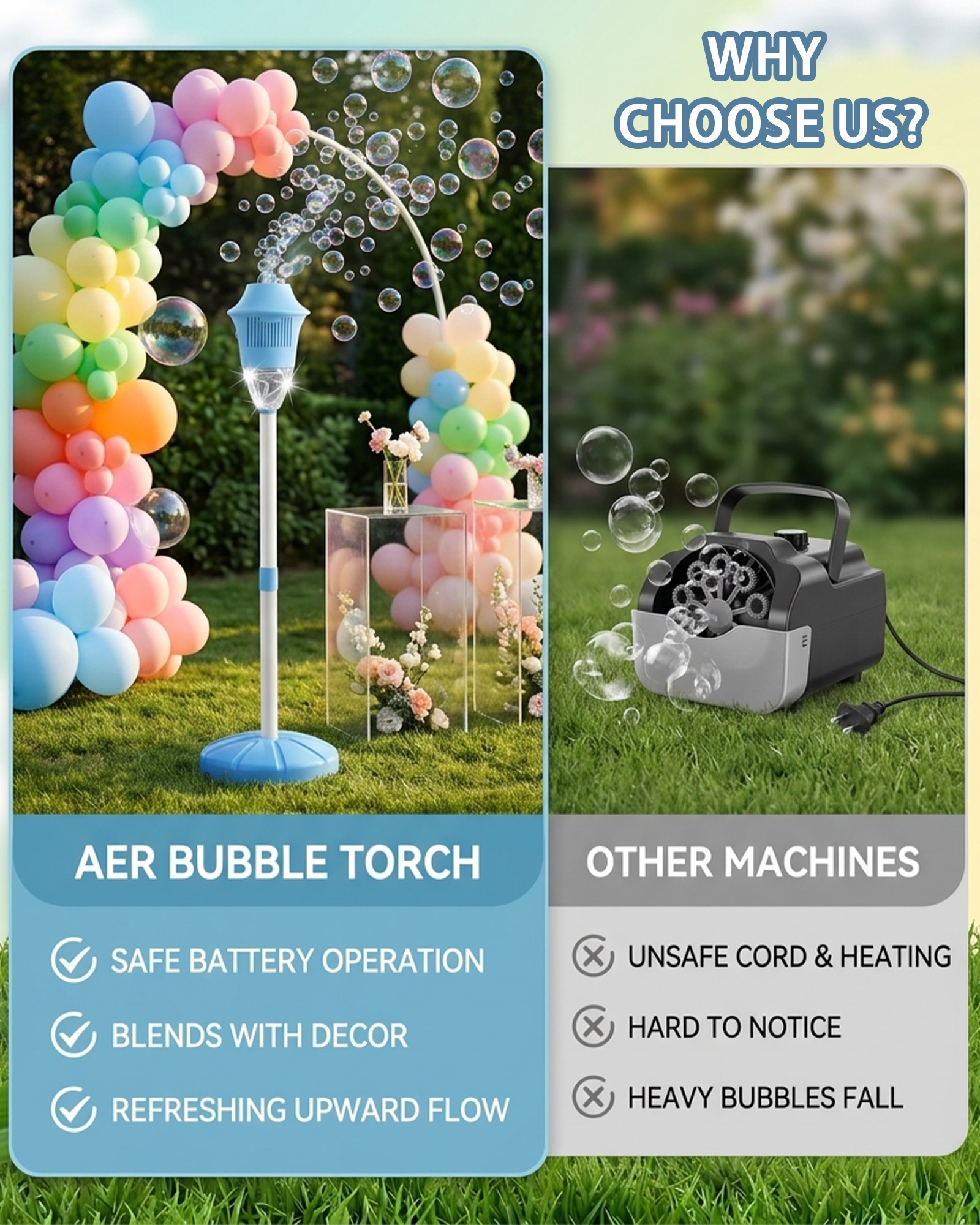 Automatic Handheld Bubble Machine, Outdoor Standing Light up Bubble Blower, Electric Stand up Bubbles Maker with Lights Music, Rechargeable for Party Wedding Play, Adjustable Height