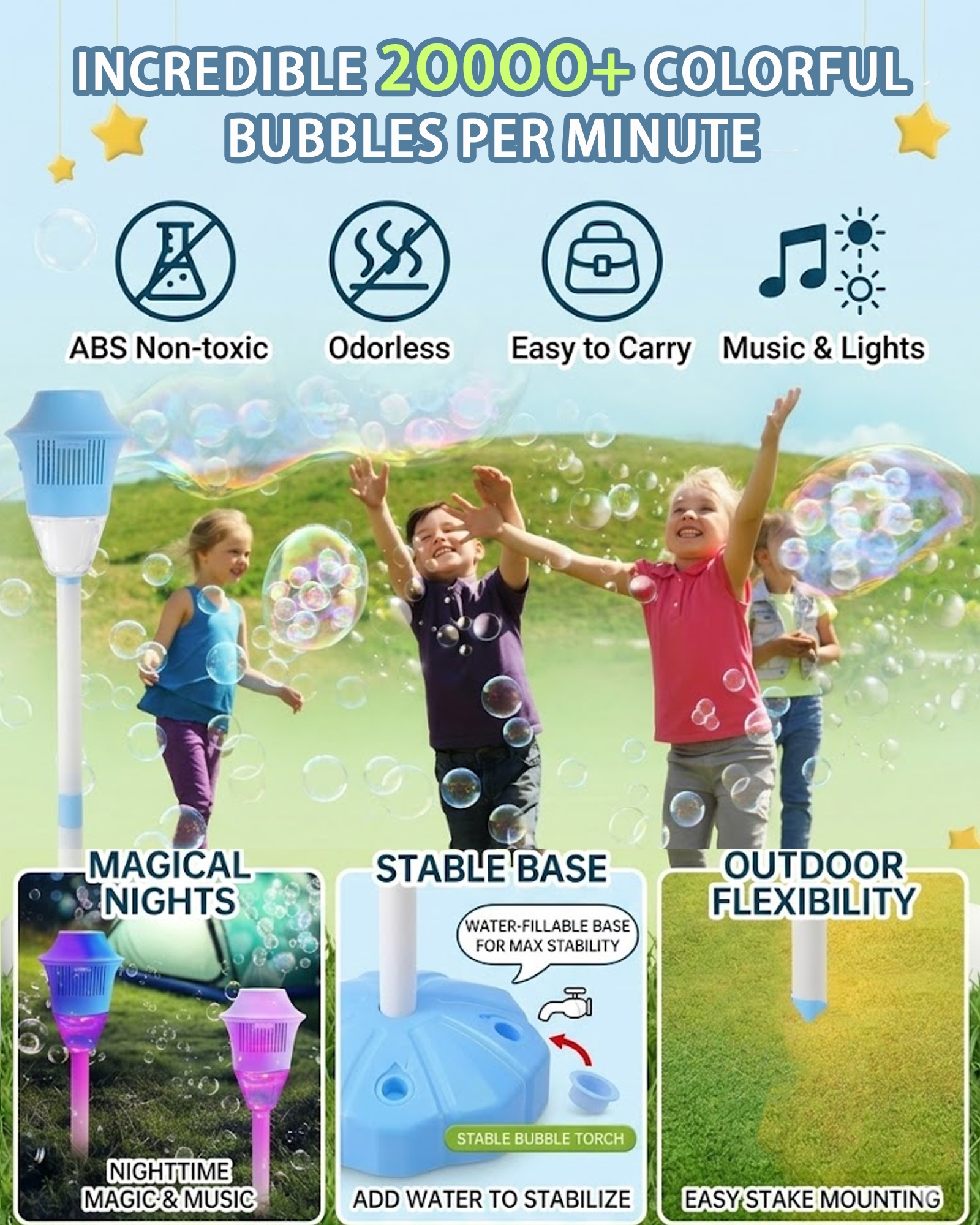 Automatic Handheld Bubble Machine, Outdoor Standing Light up Bubble Blower, Electric Stand up Bubbles Maker with Lights Music, Rechargeable for Party Wedding Play, Adjustable Height