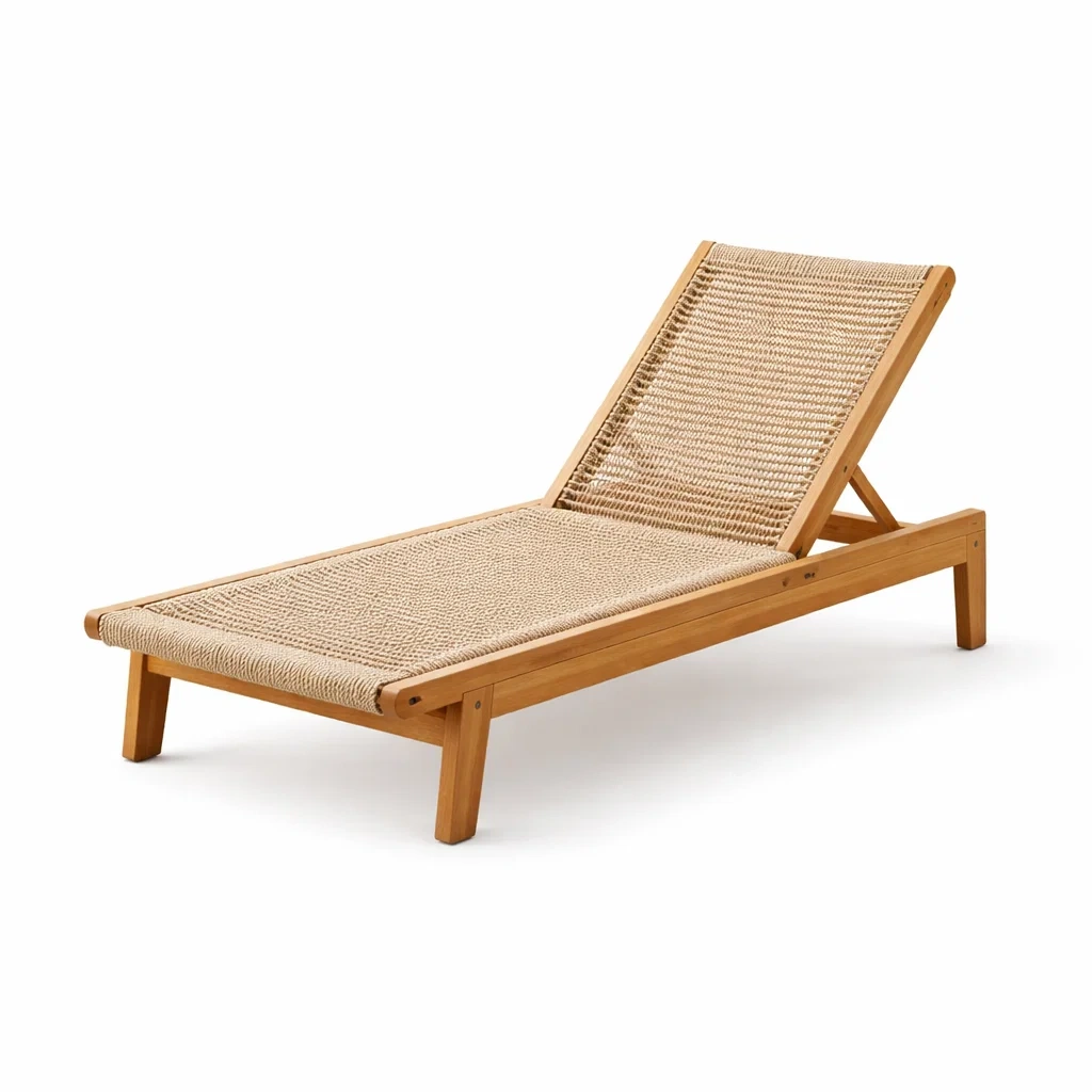 Lettino prendisole in legno di teak e corda beige-ZENVIBESZZZ