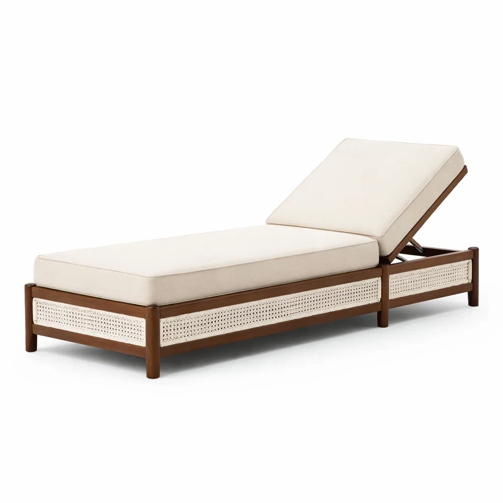 Lettino prendisole in teak e poliestere beige-ZENVIBESZZZ