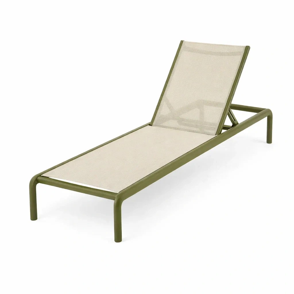 Lettino prendisole in alluminio verniciato con textilene regolabile verde e beige-ZENVIBESZZZ