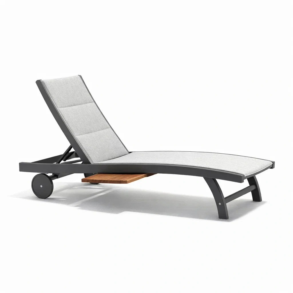 Lettino prendisole in alluminio e tessuto grigio con ripiano in legno-ZENVIBESZZZ