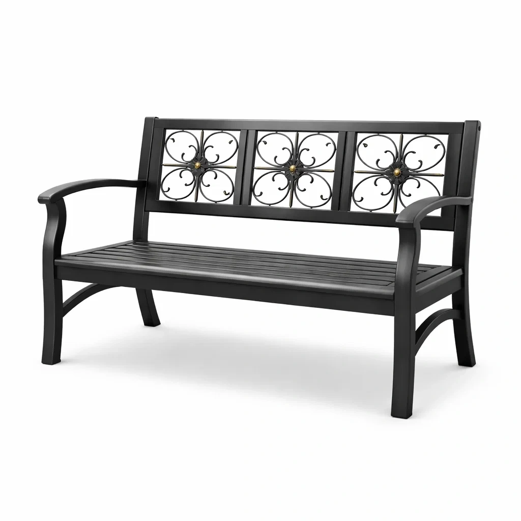 Panchina da giardino in metallo nero con schienale decorativo-ZENVIBESZZZ