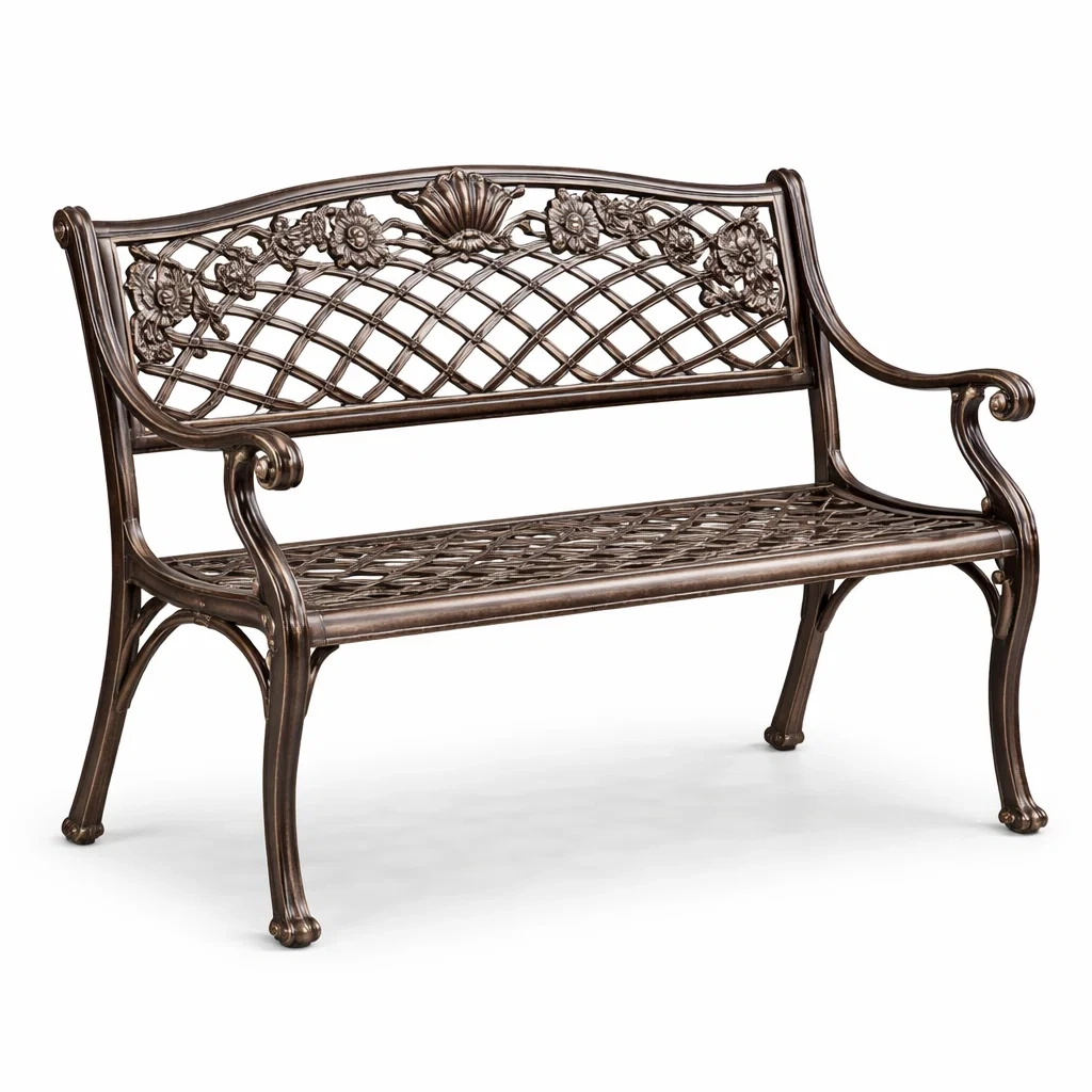 Panchina da giardino in metallo marrone con schienale decorato-ZENVIBESZZZ
