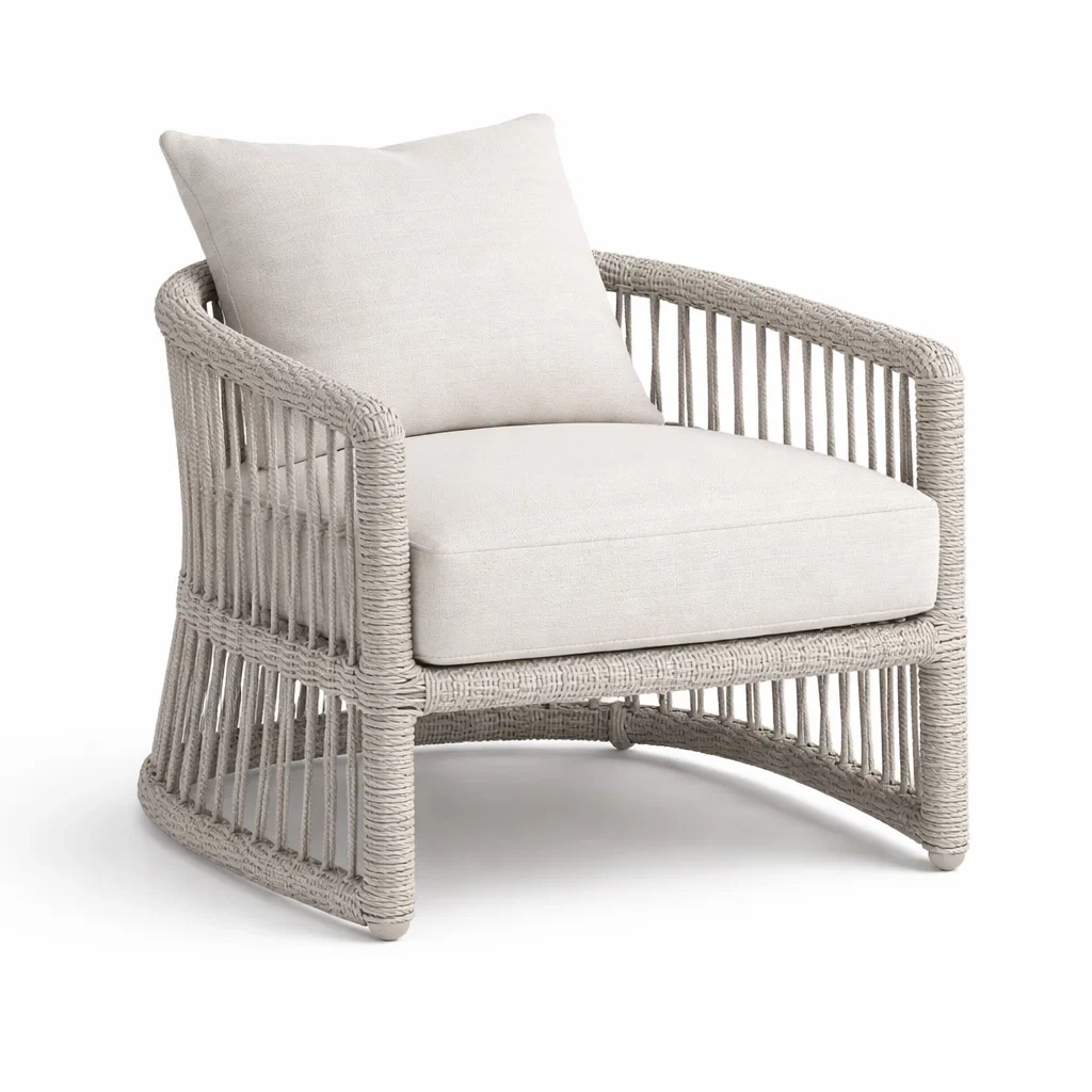 Poltrona in corda con cuscini in poliestere grigio e beige-ZENVIBESZZZ