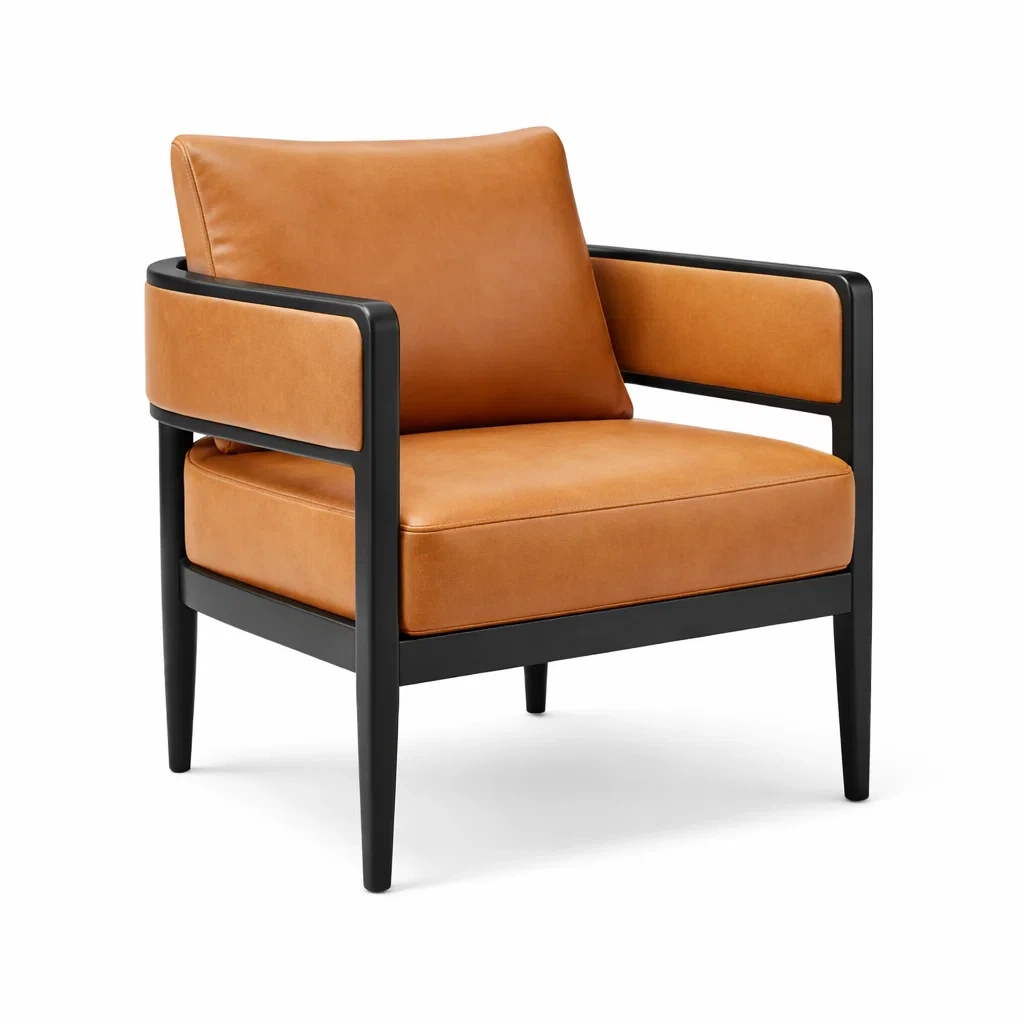 Poltrona in pelle PU marrone con struttura in legno nero-ZENVIBESZZZ