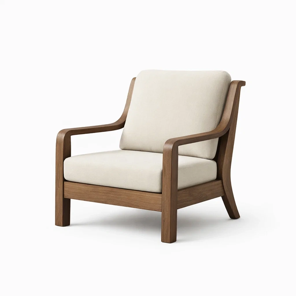 Poltrona in legno massello con tessuto beige-ZENVIBESZZZ