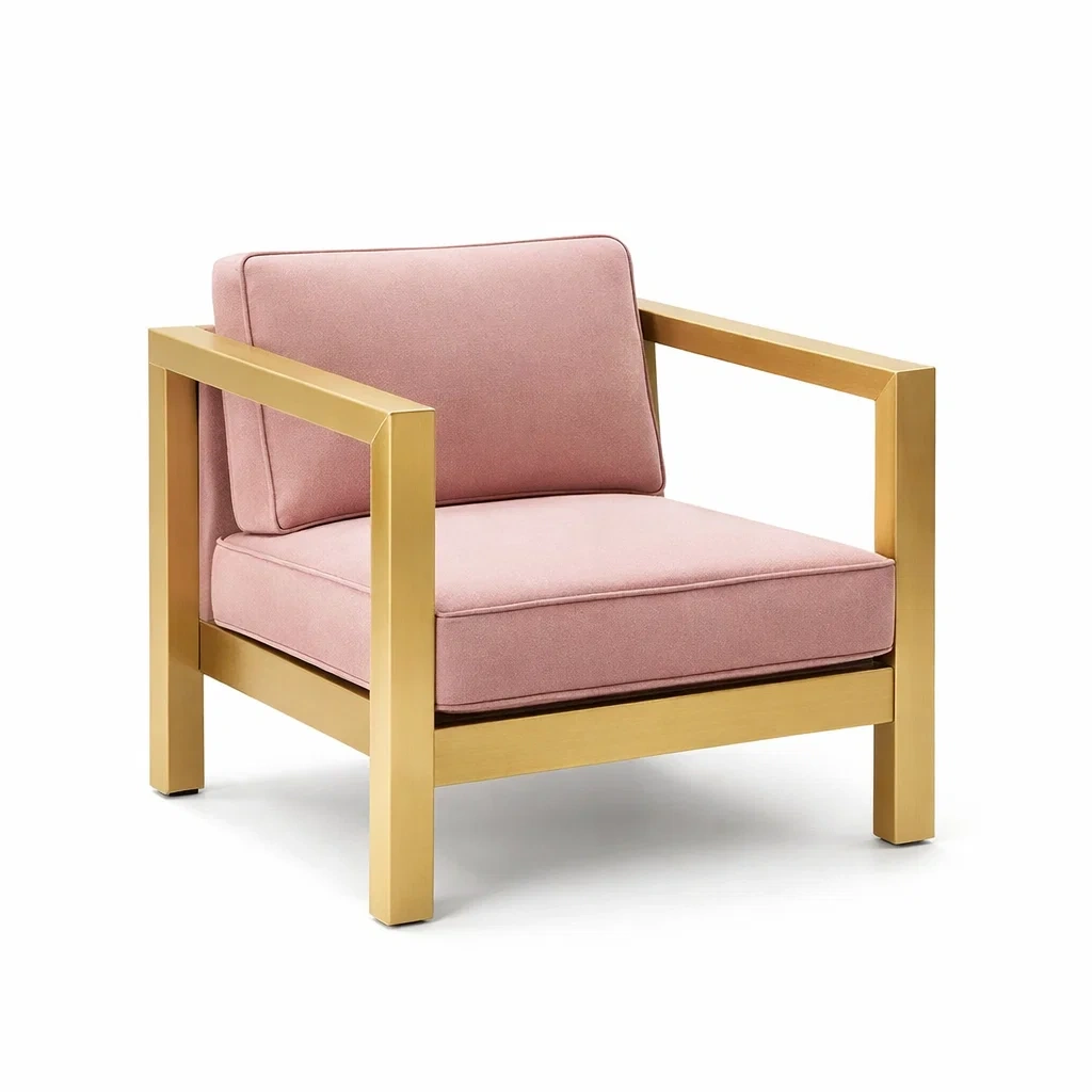 Poltrona in tessuto rosa con struttura in metallo dorato-ZENVIBESZZZ