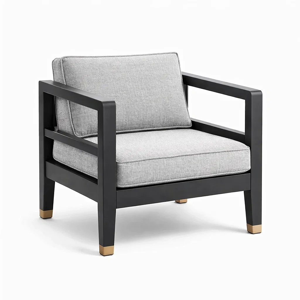 Poltrona in legno massello con cuscini in tessuto grigio-ZENVIBESZZZ