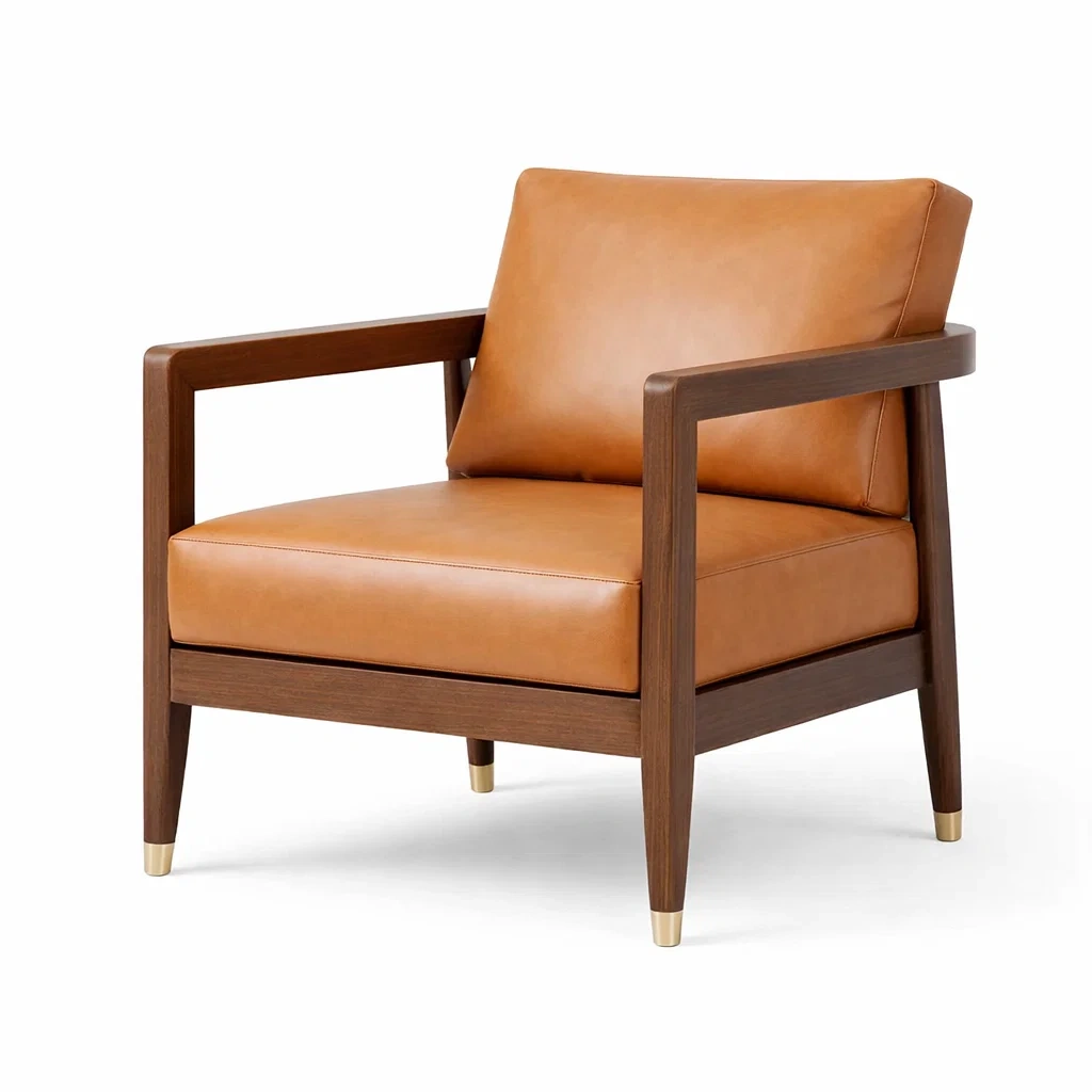 Poltrona in pelle sintetica marrone chiaro con struttura in legno massello-ZENVIBESZZZ