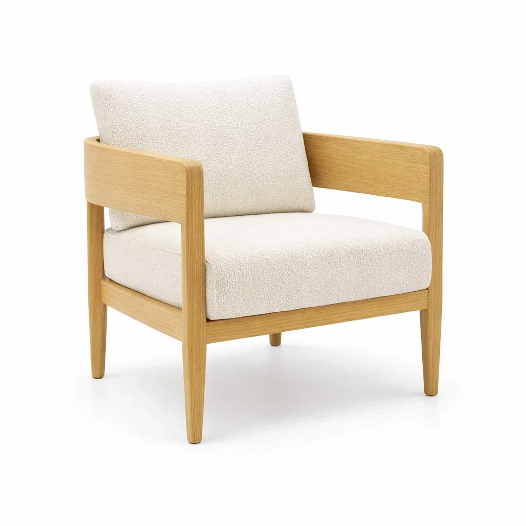 Poltrona in legno e tessuto bouclé beige-ZENVIBESZZZ