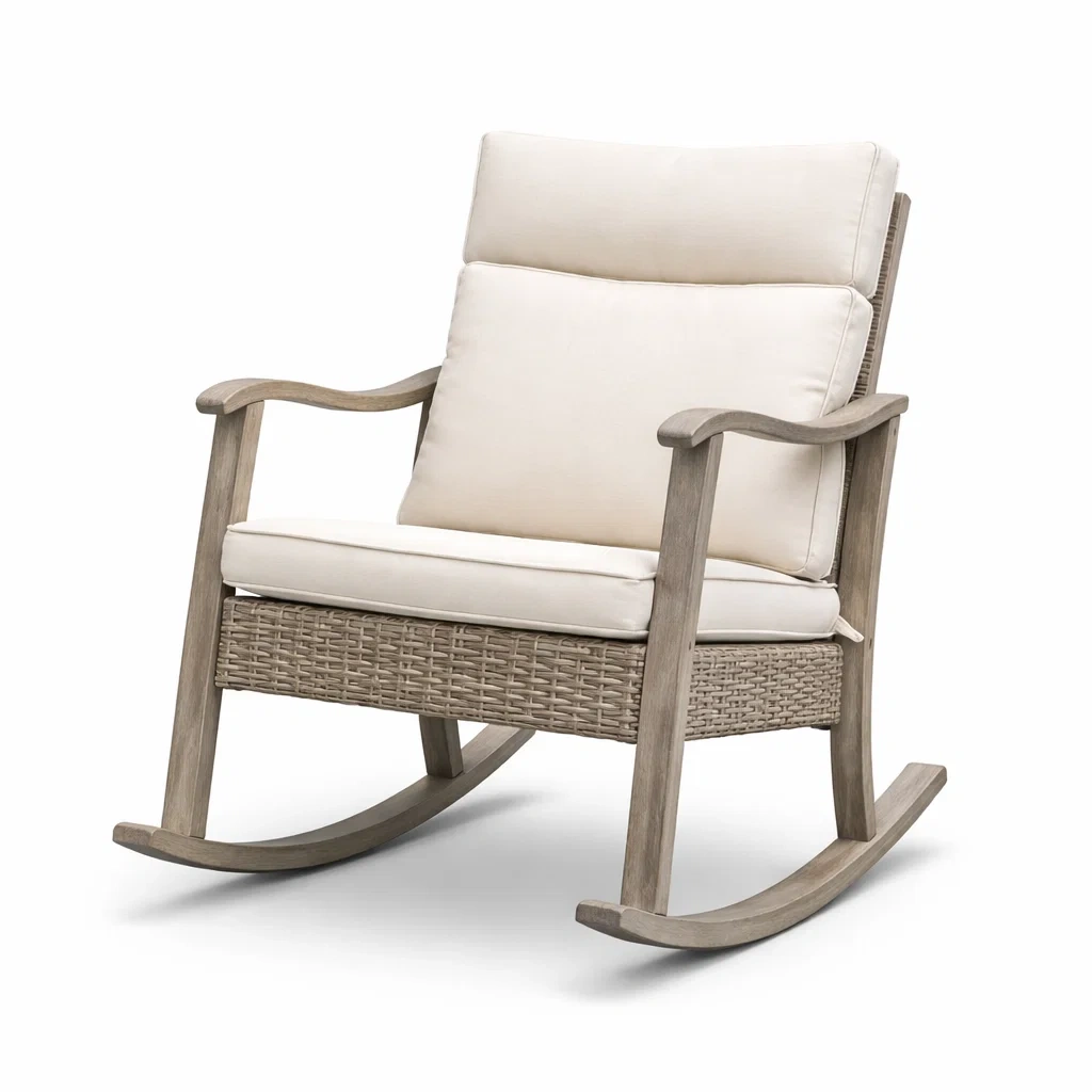 Sedia a dondolo in legno e rattan con imbottitura crema-ZENVIBESZZZ