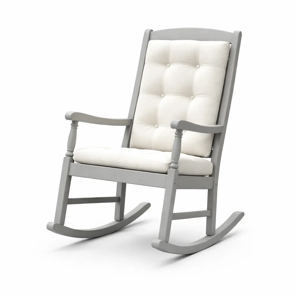 Sedia a dondolo in legno con cuscino in tessuto poliestere grigio e beige-ZENVIBESZZZ