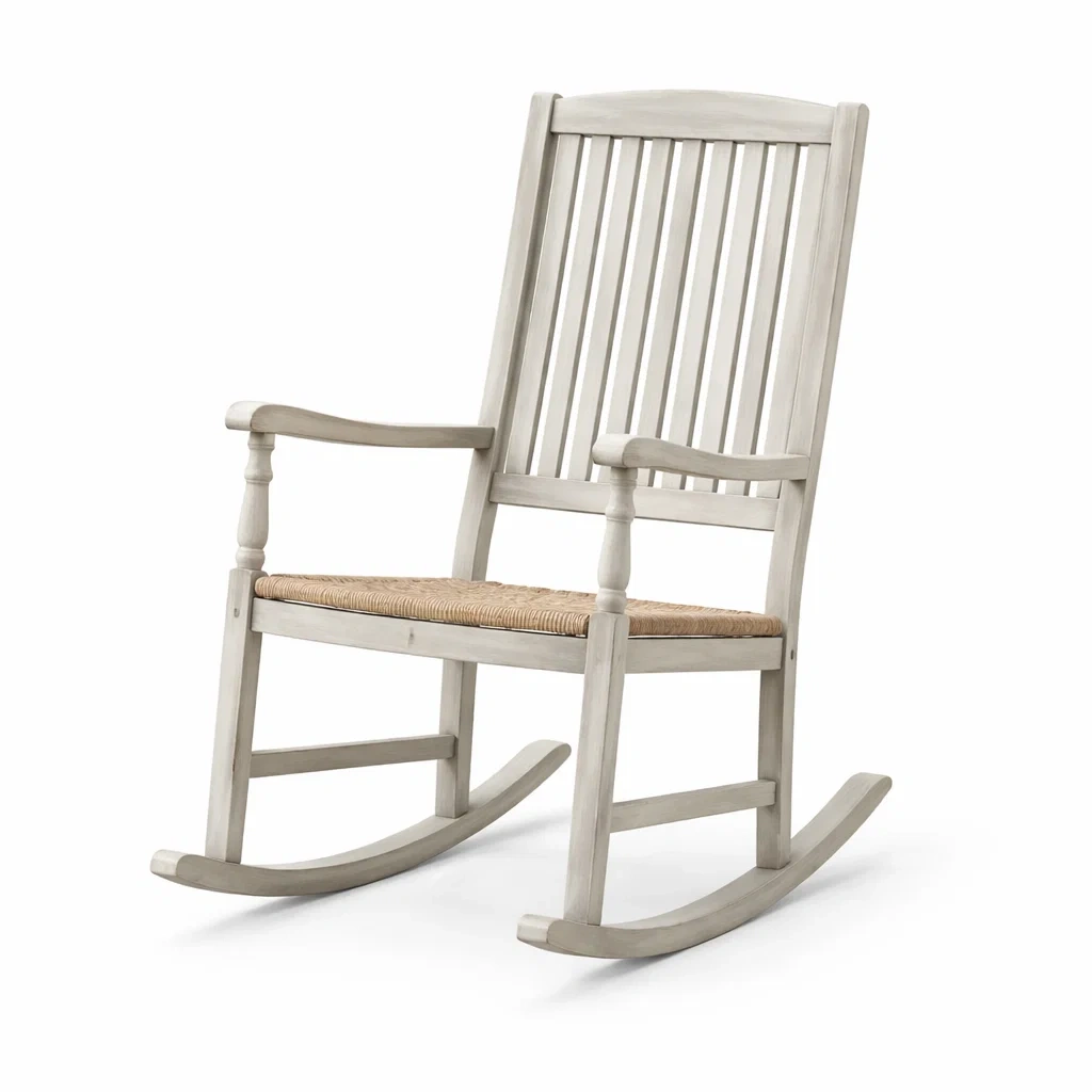 Sedia a dondolo in legno di pino e rattan bianco-ZENVIBESZZZ