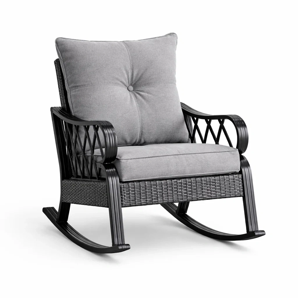 Sedia a dondolo in alluminio e resina intrecciata con cuscini in tessuto grigio-ZENVIBESZZZ