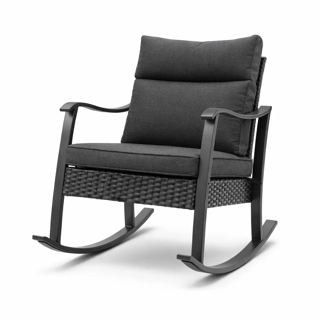 Sedia a dondolo in metallo e vimini grigio e nero-ZENVIBESZZZ