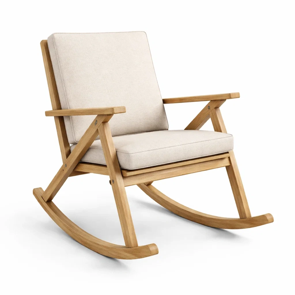 Sedia a dondolo in legno di quercia e tessuto beige-ZENVIBESZZZ