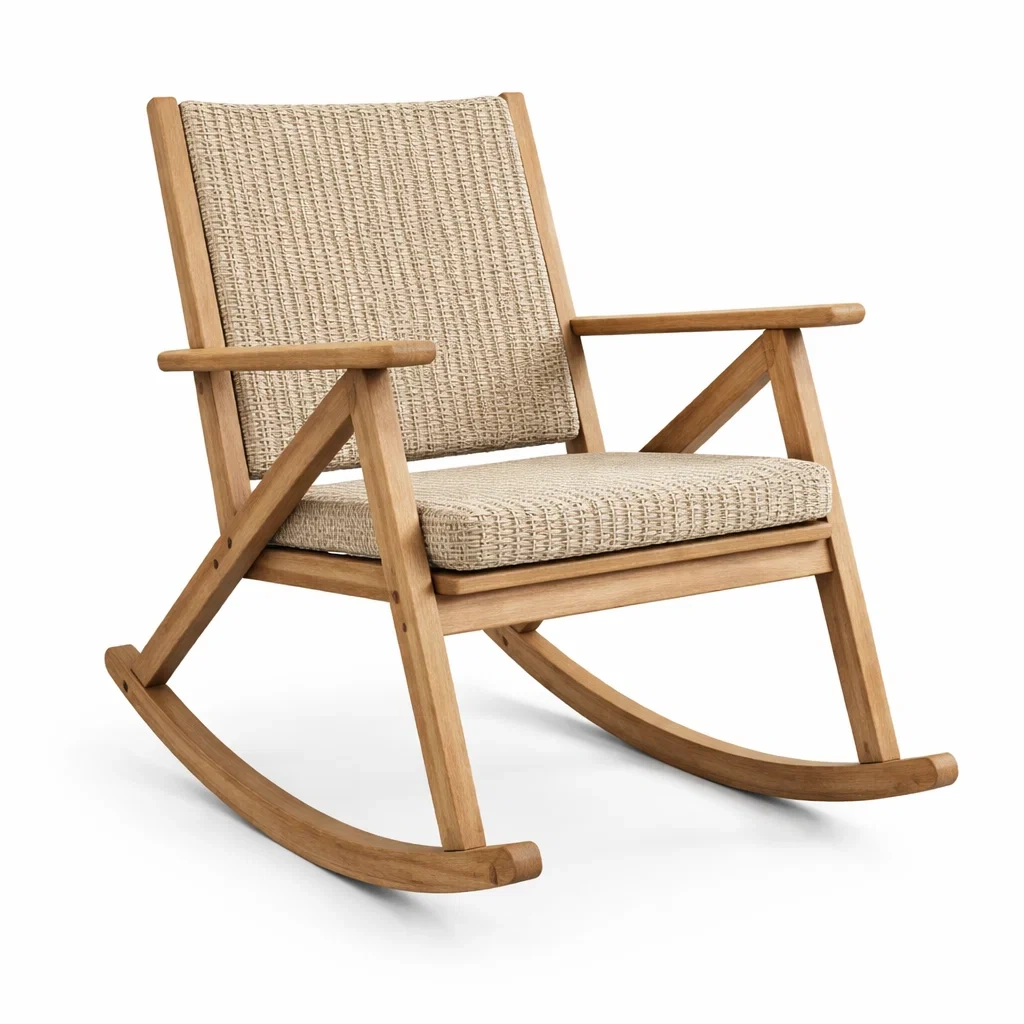 Sedia a dondolo in legno e tessuto beige-ZENVIBESZZZ