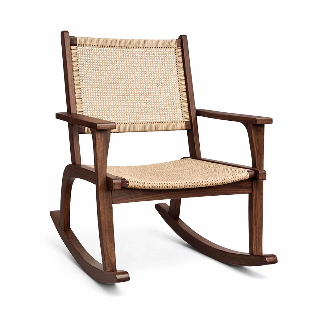 Sedia a dondolo in legno di noce e rattan-ZENVIBESZZZ