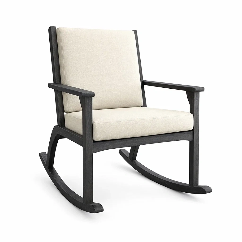 Sedia a dondolo in legno e tessuto beige e nero-ZENVIBESZZZ