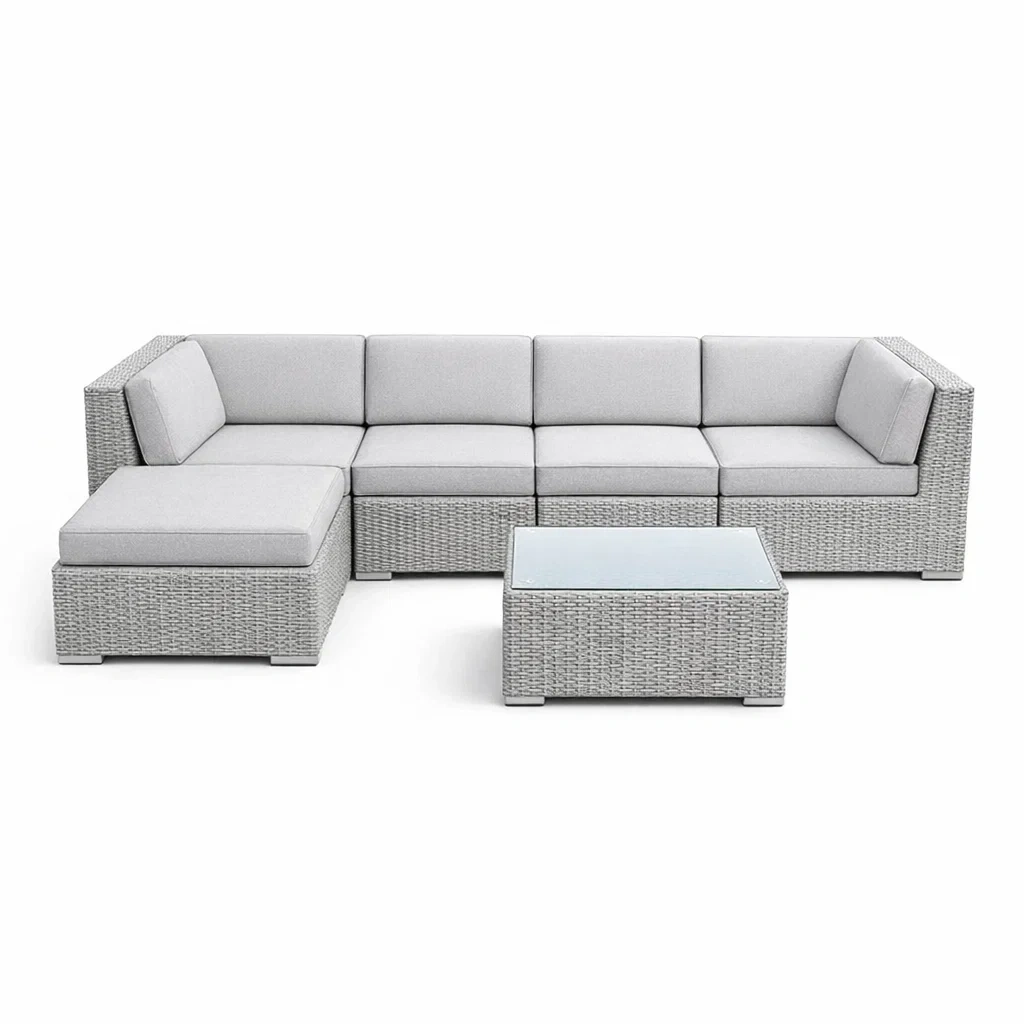Set di divano modulare in rattan sintetico grigio con cuscini e tavolo in vetro temperato-ZENVIBESZZZ