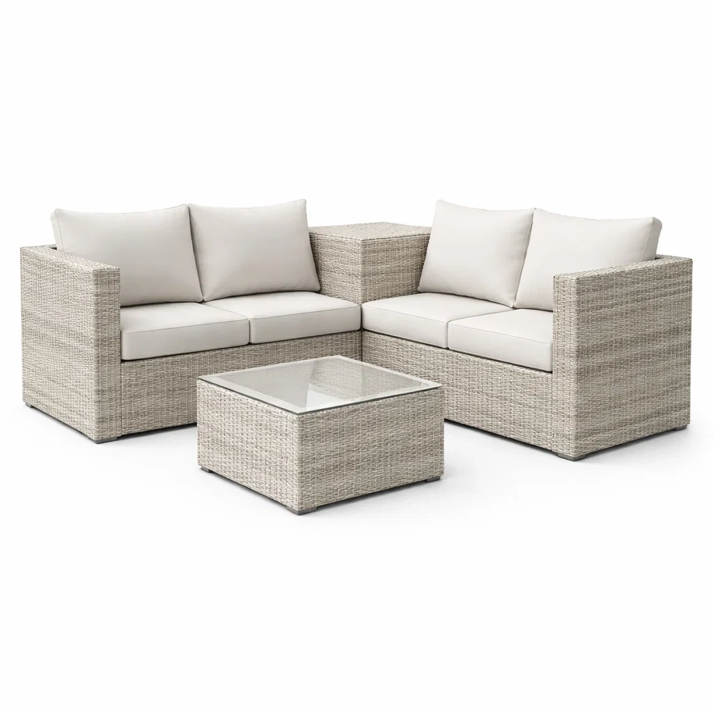 Set di divano angolare in rattan con tavolino in vetro temperato beige-ZENVIBESZZZ