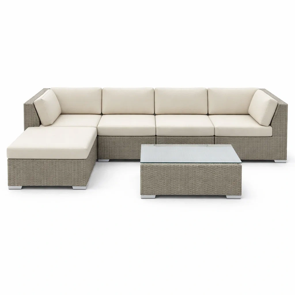 Set di divano angolare modulare in rattan sintetico beige con tavolo in vetro temperato-ZENVIBESZZZ