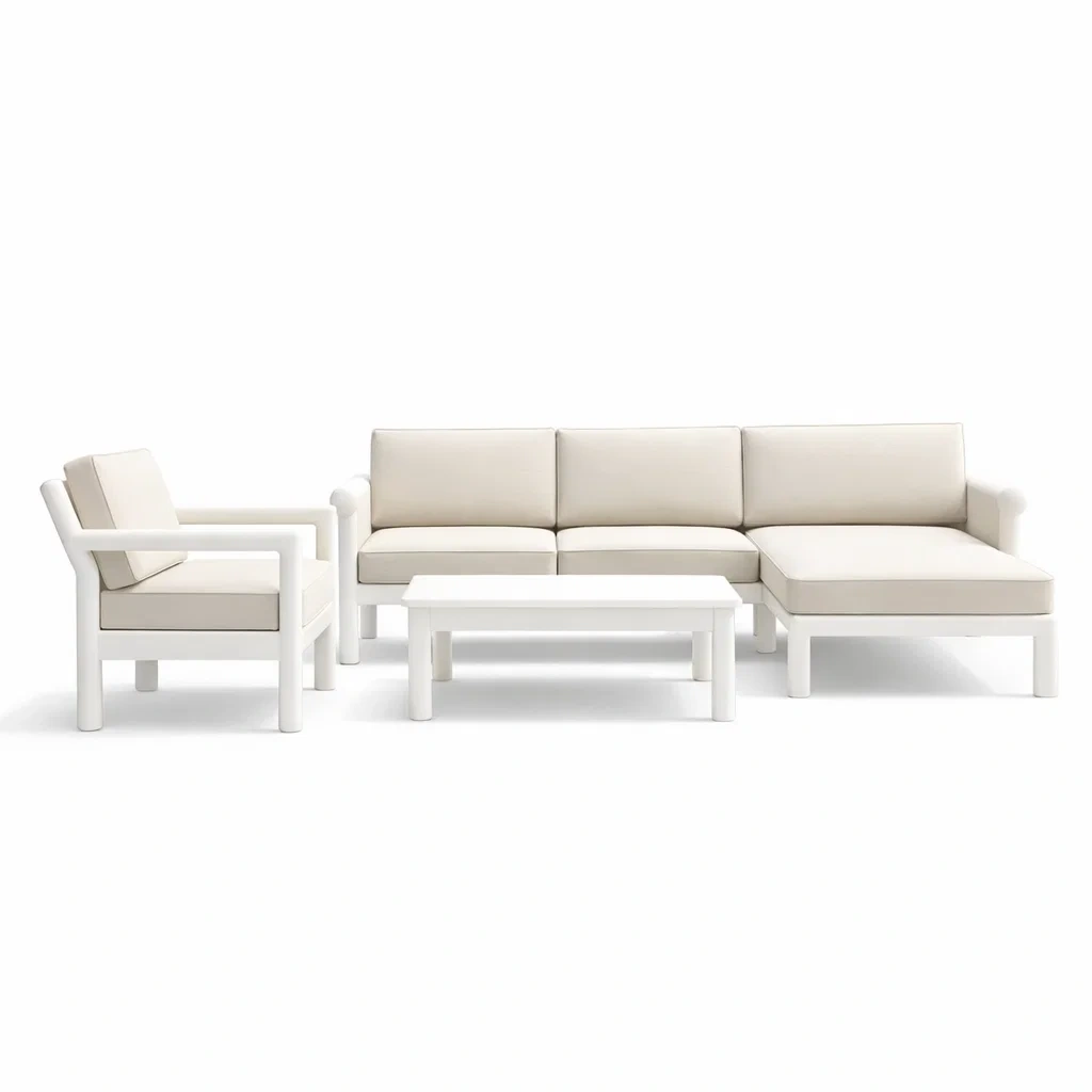 Set di divano angolare in alluminio bianco con cuscini beige-ZENVIBESZZZ